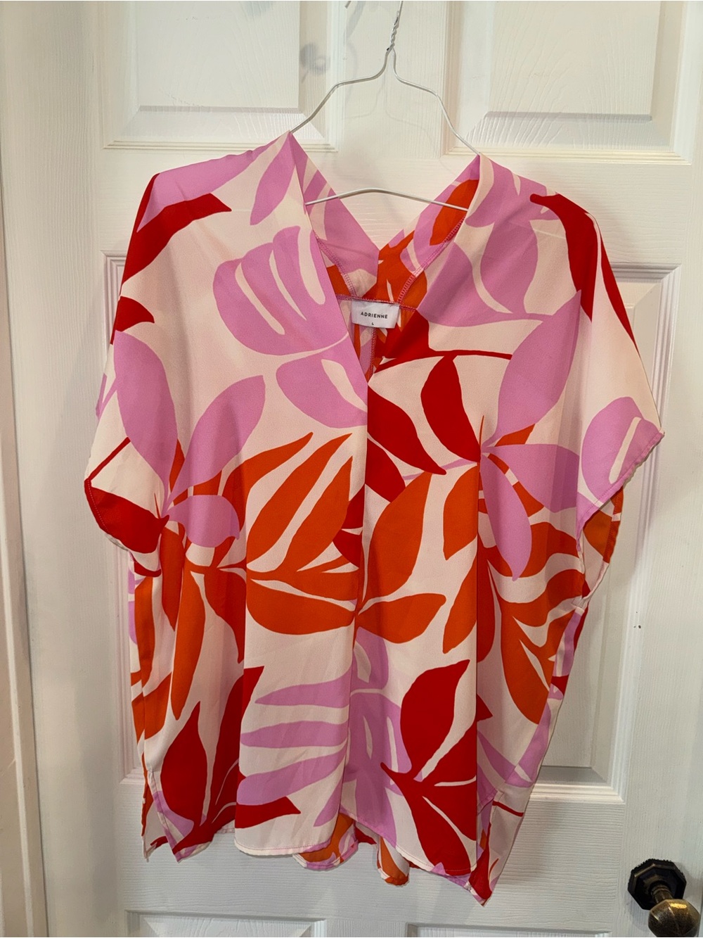 Adrienne Vittadini Pink, Red & Orange Leaf-Print V-Neck Tunic - (Worn once)